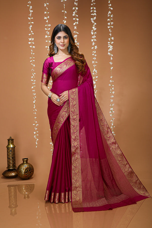 Chic Monochromatic Soft Chinon Saree | Lightweight Silk-Touch Saree for Party & Casual Wear