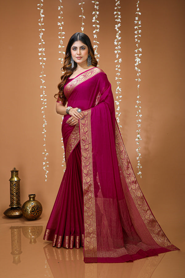Chic Monochromatic Soft Chinon Saree | Lightweight Silk-Touch Saree for Party & Casual Wear