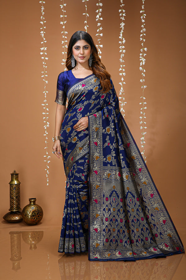 KANCHIPURAM Silk Jacquard Border Saree With JECARD BORDER Sari Mina Flower