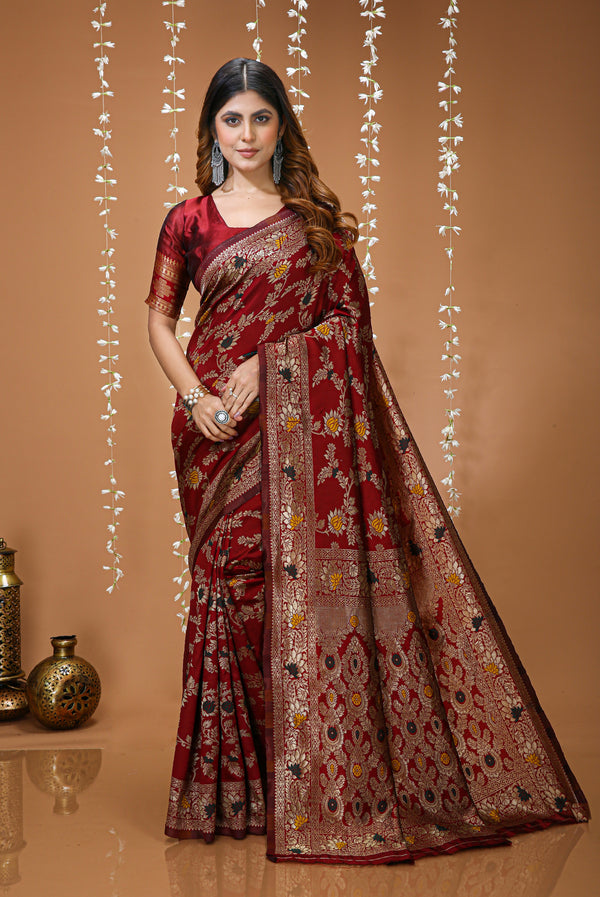 KANCHIPURAM Silk Jacquard Border Saree With JECARD BORDER Sari Mina Flower