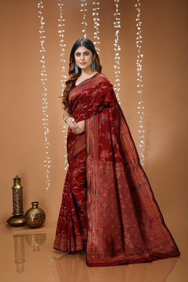 KANCHIPURAM Silk Jacquard Border Saree With JECARD BORDER Sari Pushpa