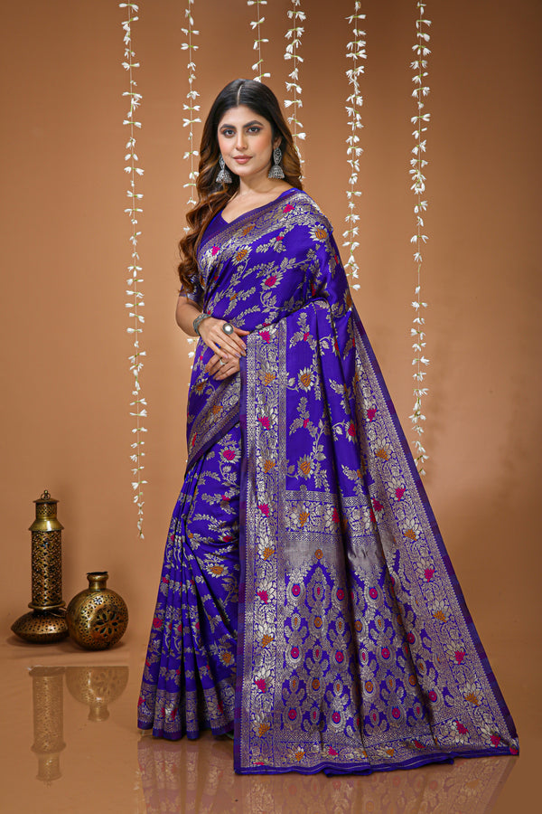 KANCHIPURAM Silk Jacquard Border Saree With JECARD BORDER Sari Mina Flower