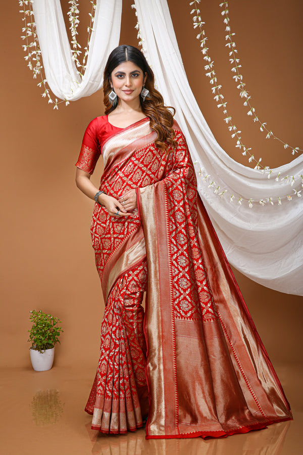 KANCHIPURAM Silk Jacquard Border Saree With JECARD BORDER Sari Red Pan