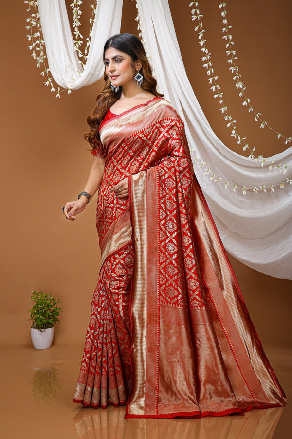 KANCHIPURAM Silk Jacquard Border Saree With JECARD BORDER Sari Red Pan
