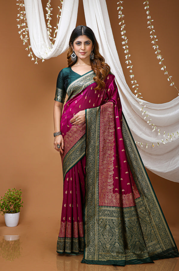 KANCHIPURAM Silk Jacquard Border Saree With JECARD BORDER Sari Mango Butti