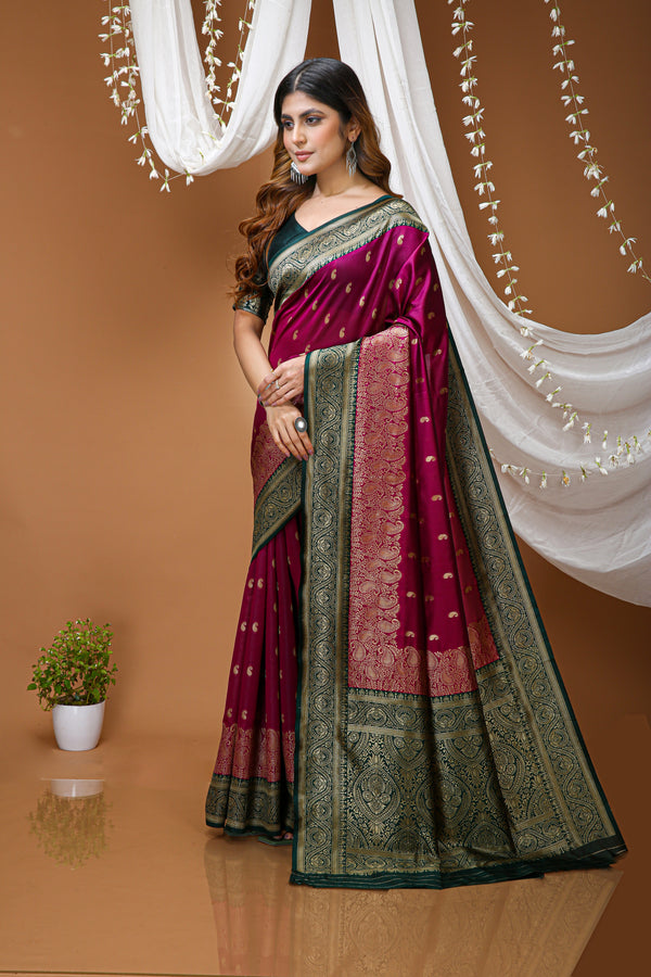 KANCHIPURAM Silk Jacquard Border Saree With JECARD BORDER Sari Mango Butti