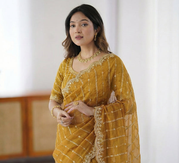 Dual-Tone Liquid Satin Saree | Multi-Color Sequence Work & Matching Blouse