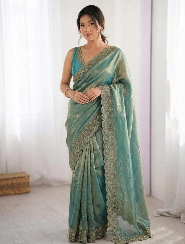 Women's Elegant Space Silk Saree | Shimmering Siroski Diamond Embroidery | Designer Lace Border Saree