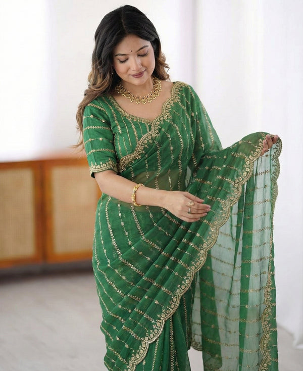 Premium Fendi Satin Saree - Multi-Sequence Embroidery Collection Green Color
