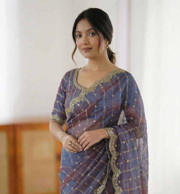 Fendy Sattin Dual Shade Saree with Multi Sequence Embroidery Work & Running Blouse - Designer Party Wear