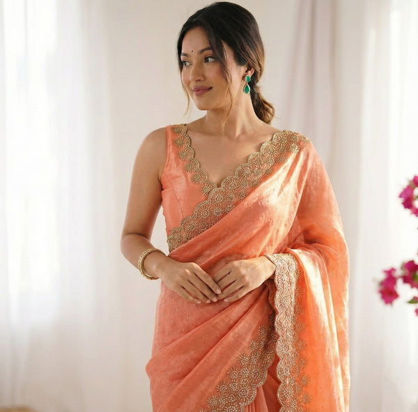 Space Soft Silk Saree with Siroski Diamond Lace Border & Val Work - Archaic Blouse Designer Party Wear