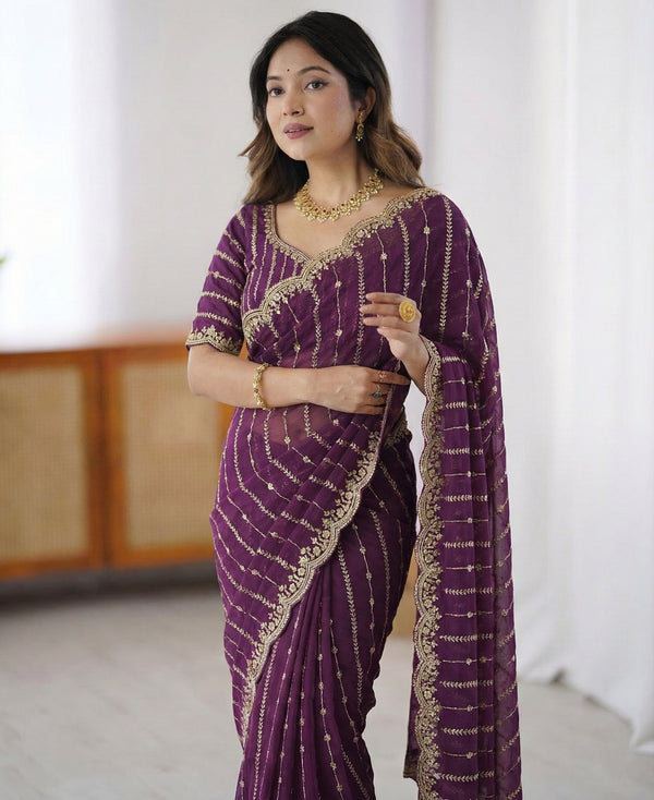 Premium Fendi Satin Saree - Multi-Sequence Embroidery Collection