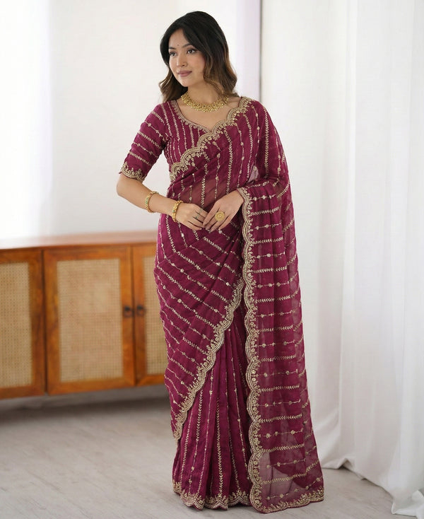 Fendy Sattin Dual Shade Saree with Multi Sequence Embroidery Work & Running Blouse - Designer Party Wear