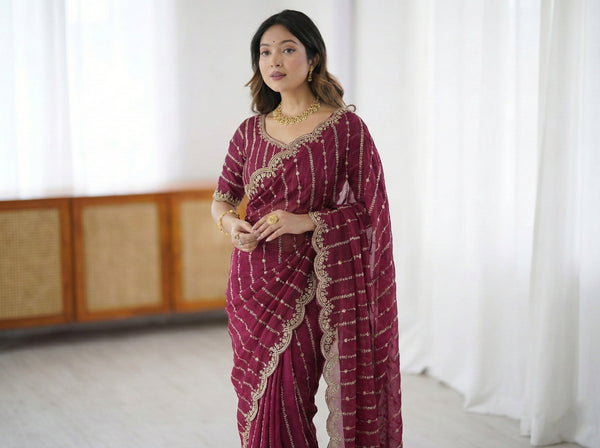 Fendy Sattin Dual Shade Saree with Multi Sequence Embroidery Work & Running Blouse - Designer Party Wear