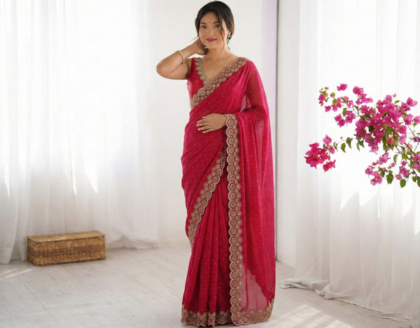 Space Silk Saree with Siroski Diamond Lace Border & Val Work | Fancy Festive Saree