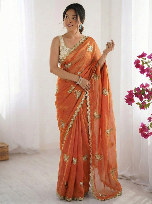 Glamorous Dual Shade Satin Party Wear Saree with Heavy Sequence Embroidery & Designer Blouse