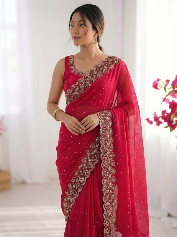 Space Silk Saree with Siroski Diamond Lace Border & Val Work | Fancy Festive Saree