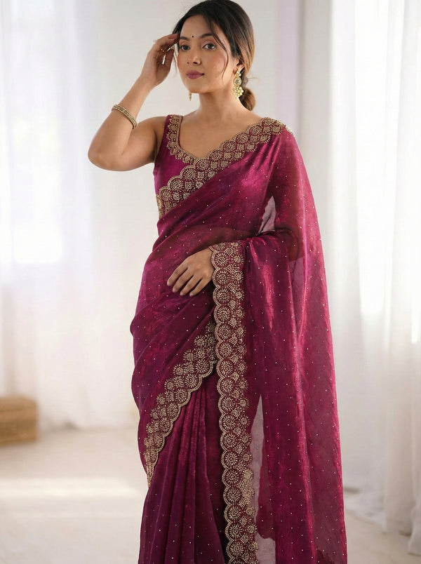 Premium Space Soft Silk Saree with Siroski Diamond and Val Work | Archo Finish Party Wear Saree