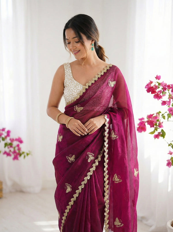 Fendy Sattin Dual Shade Saree Multi Val Sequence Embroidery Work with Bangalore Embroidery Blouse - Designer Party Wear