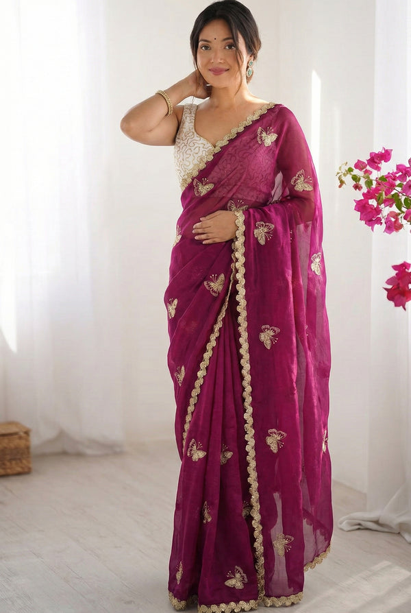 Fendy Sattin Dual Shade Saree Multi Val Sequence Embroidery Work with Bangalore Embroidery Blouse - Designer Party Wear