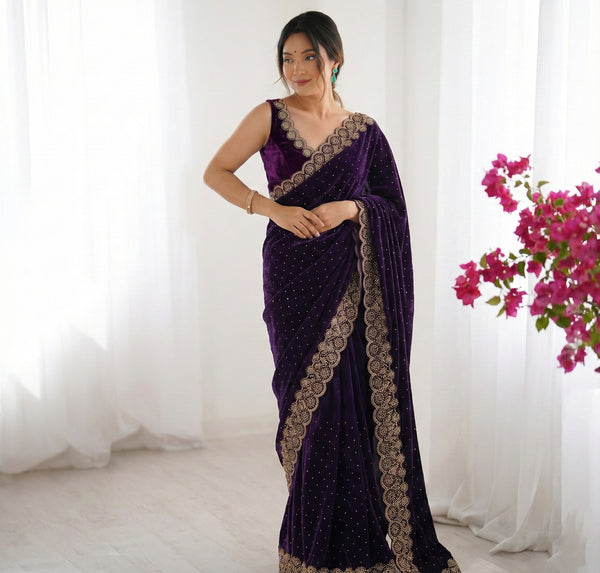 Women's Elegant Space Silk Saree | Shimmering Siroski Diamond Embroidery | Designer Lace Border Saree