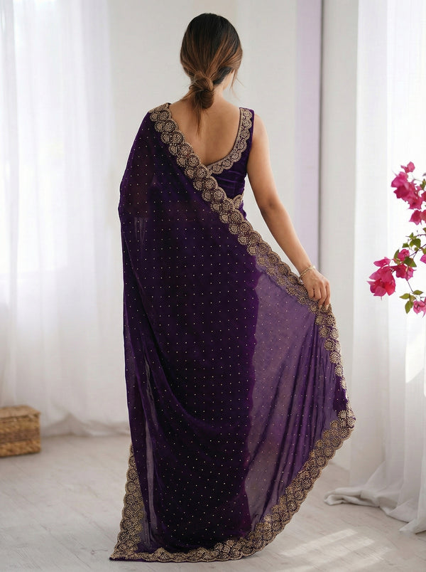 Women's Elegant Space Silk Saree | Shimmering Siroski Diamond Embroidery | Designer Lace Border Saree