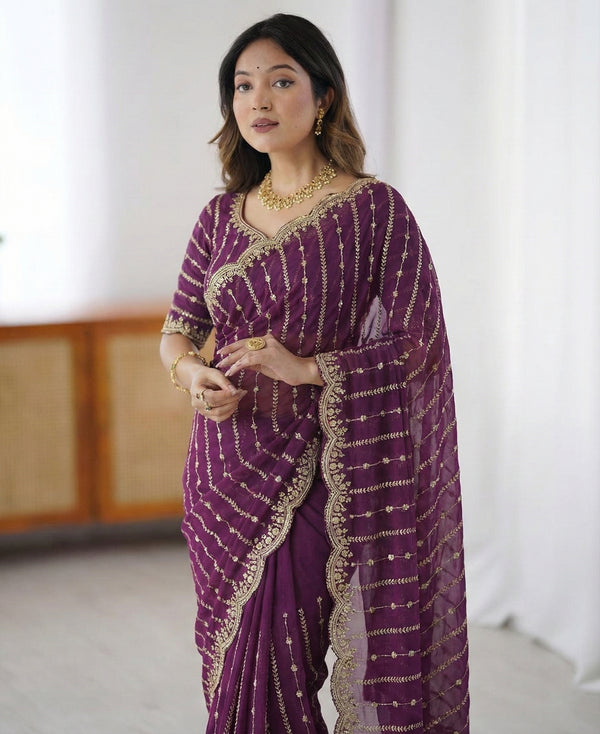 Premium Fendi Satin Saree - Multi-Sequence Embroidery Collection