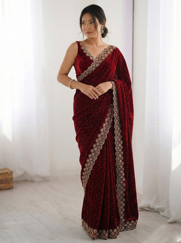 Glamorous Space Soft Silk Saree for Weddings | Heavy Siroski Diamond Work with Archo Detailing