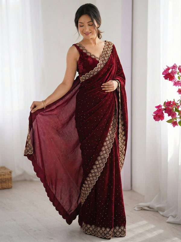 Glamorous Space Soft Silk Saree for Weddings | Heavy Siroski Diamond Work with Archo Detailing