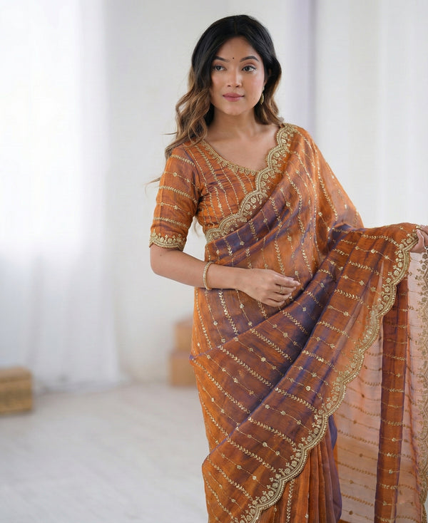 New Party Wear Fendi Satin Dual-Shade Saree with Multi-Sequence Embroidery