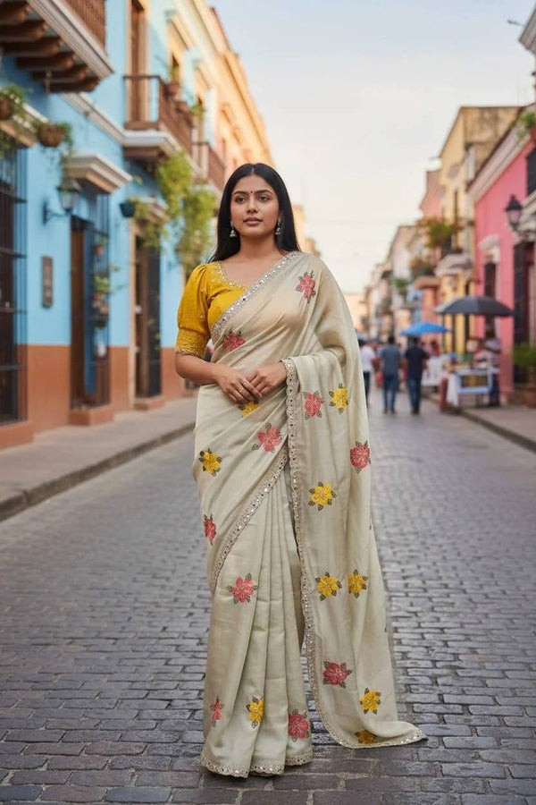 Women's Designer Rangoli Silk Saree for Weddings | Heavy Mirror Work Embroidery Blouse