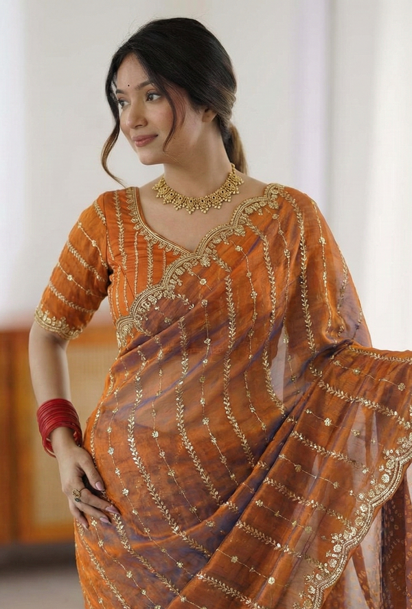 New Party Wear Fendi Satin Dual-Shade Saree with Multi-Sequence Embroidery