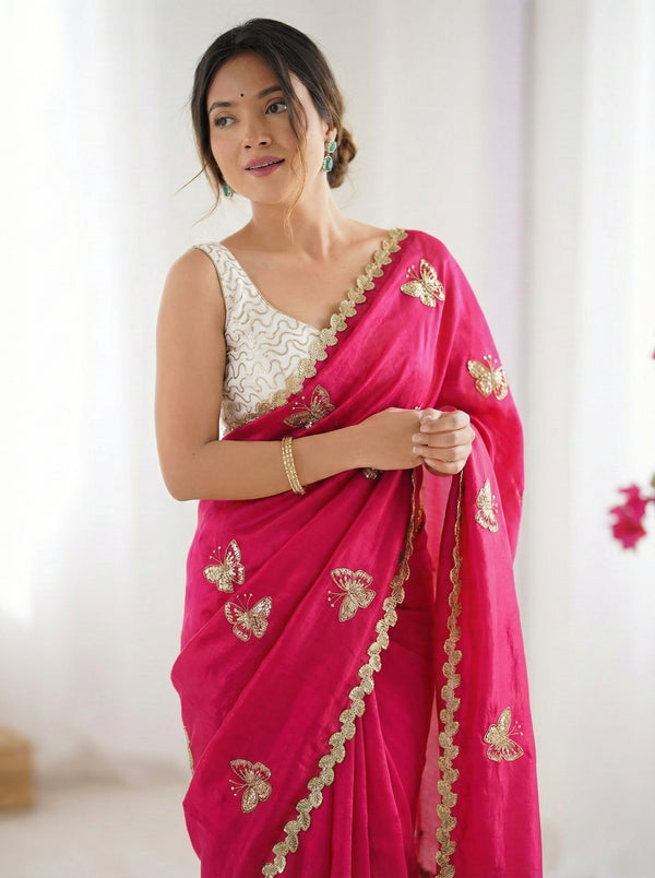 Premium Fendy Satin Dual Shade Saree with Multi VAL Sequence Embroidery Work