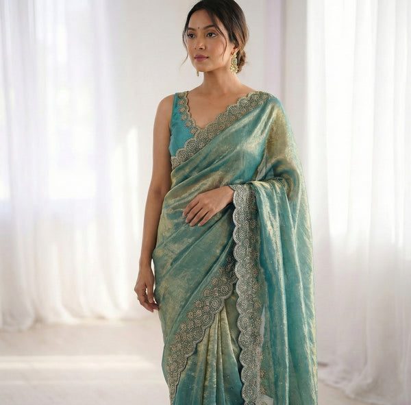 Women's Elegant Space Silk Saree | Shimmering Siroski Diamond Embroidery | Designer Lace Border Saree