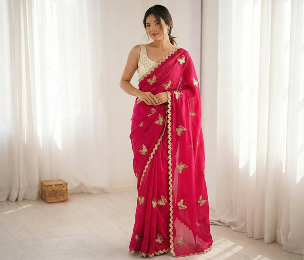 Premium Fendy Satin Dual Shade Saree with Multi VAL Sequence Embroidery Work