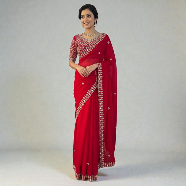 New Designer Ethnic Wedding Wear Red Color Saree for Cocktail & Reception KD-3