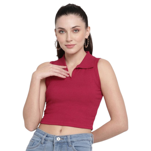 Women's Premium Lycra Stretch Crop Top with Collar | Solid Color Bodycon Top for Casual & Sporty Wear