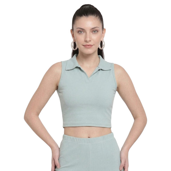 Chic Ribbed-Look Lycra Collar Crop Top | Slim Fit Sleeveless Casual crop top for Girls