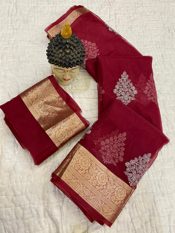 Kanchipuram Organza Jacquard Saree with Multi-Sequence Work & Raw Silk Blouse