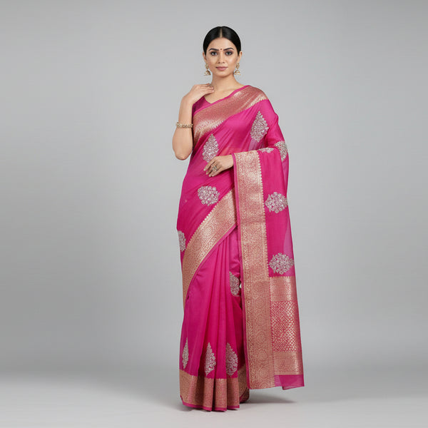 Kanchipuram Organza Jacquard Saree with Multi-Sequence Work & Raw Silk Blouse