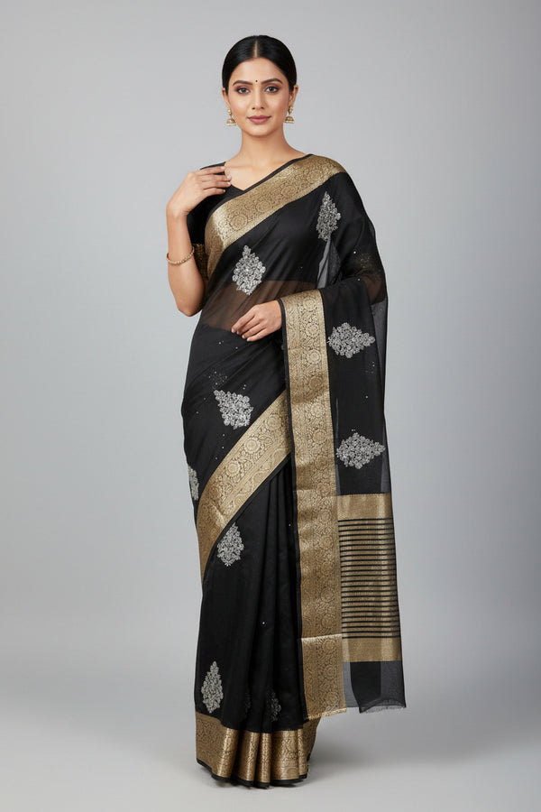 Black saree with silver floral patterns and gold border on a Buddha statue.