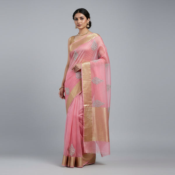 Pink saree with gold border and silver embellishments on a white background