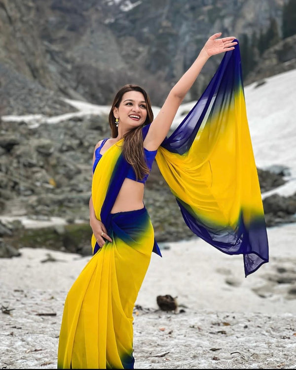 Ombre Dual-Tone Georgette Saree in Vibrant Yellow & Royal Blue | Banglore Silk Blouse