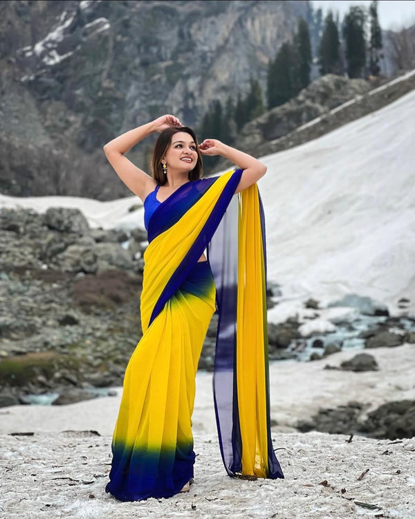 Ombre Dual-Tone Georgette Saree in Vibrant Yellow & Royal Blue | Banglore Silk Blouse
