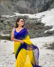 Ombre Dual-Tone Georgette Saree in Vibrant Yellow & Royal Blue | Banglore Silk Blouse