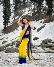 Ombre Dual-Tone Georgette Saree in Vibrant Yellow & Royal Blue | Banglore Silk Blouse