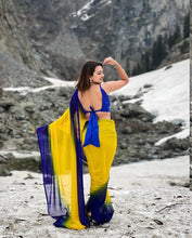 Ombre Dual-Tone Georgette Saree in Vibrant Yellow & Royal Blue | Banglore Silk Blouse