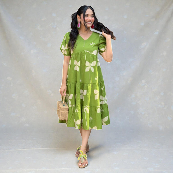 Kaurvaki's Pure Cotton A-Line Midi Dress for Women Printed Casual Middy, Knee Length RM-09