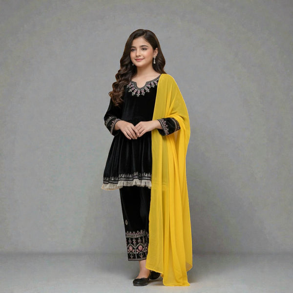 Luxury Viscose Velvet Heavy Sequence Work Full Sleeve Kurti, Pants & Dupatta Set OC-4