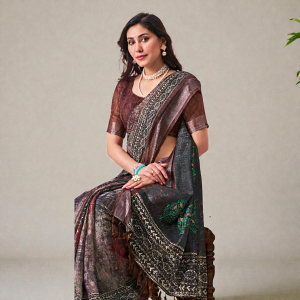 Linen Cotton Floral  Digital Printed Pattern Soft & Lightweight Saree with Unstitched Blouse Piece AB-4